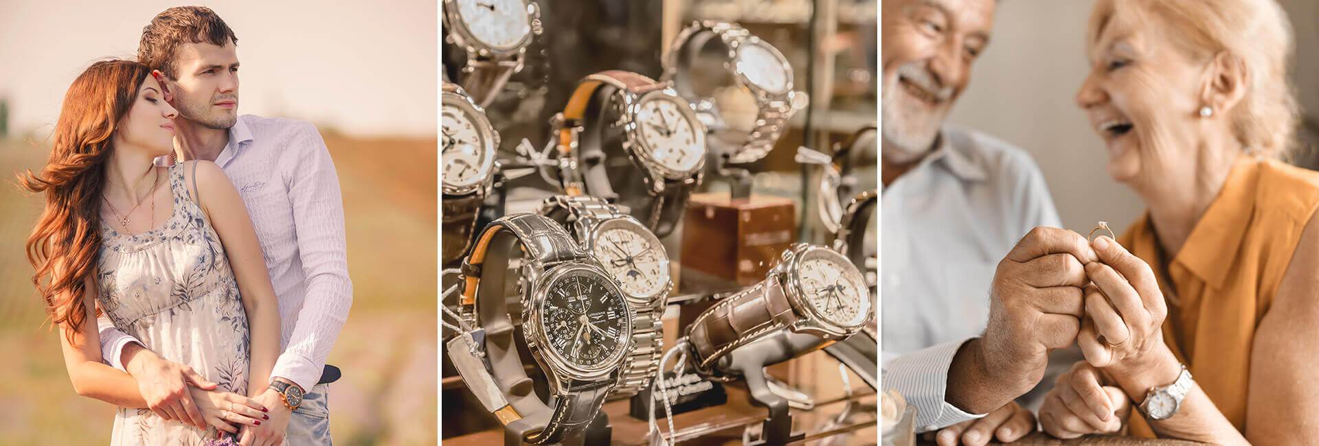 Group of three images from left to right: young couple embracing, showcase of fine watches, older couple admiring engagement ring.